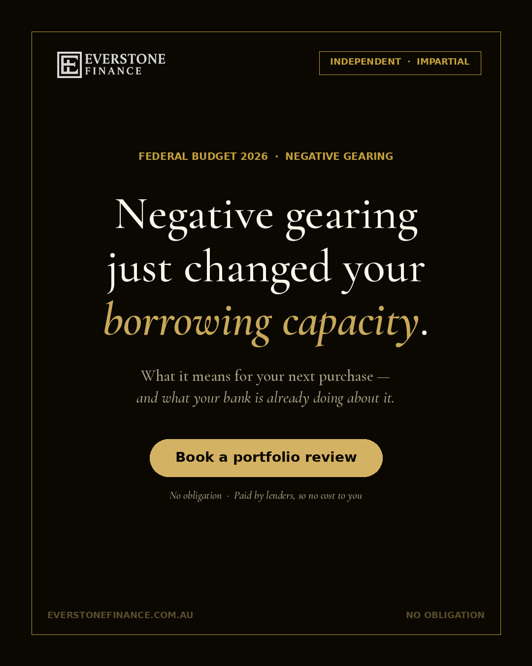 Negative gearing just changed your borrowing capacity — what the 2026 Budget means for your next purchase and what your bank is already doing about it. Everstone Finance, independent mortgage brokers South Yarra.