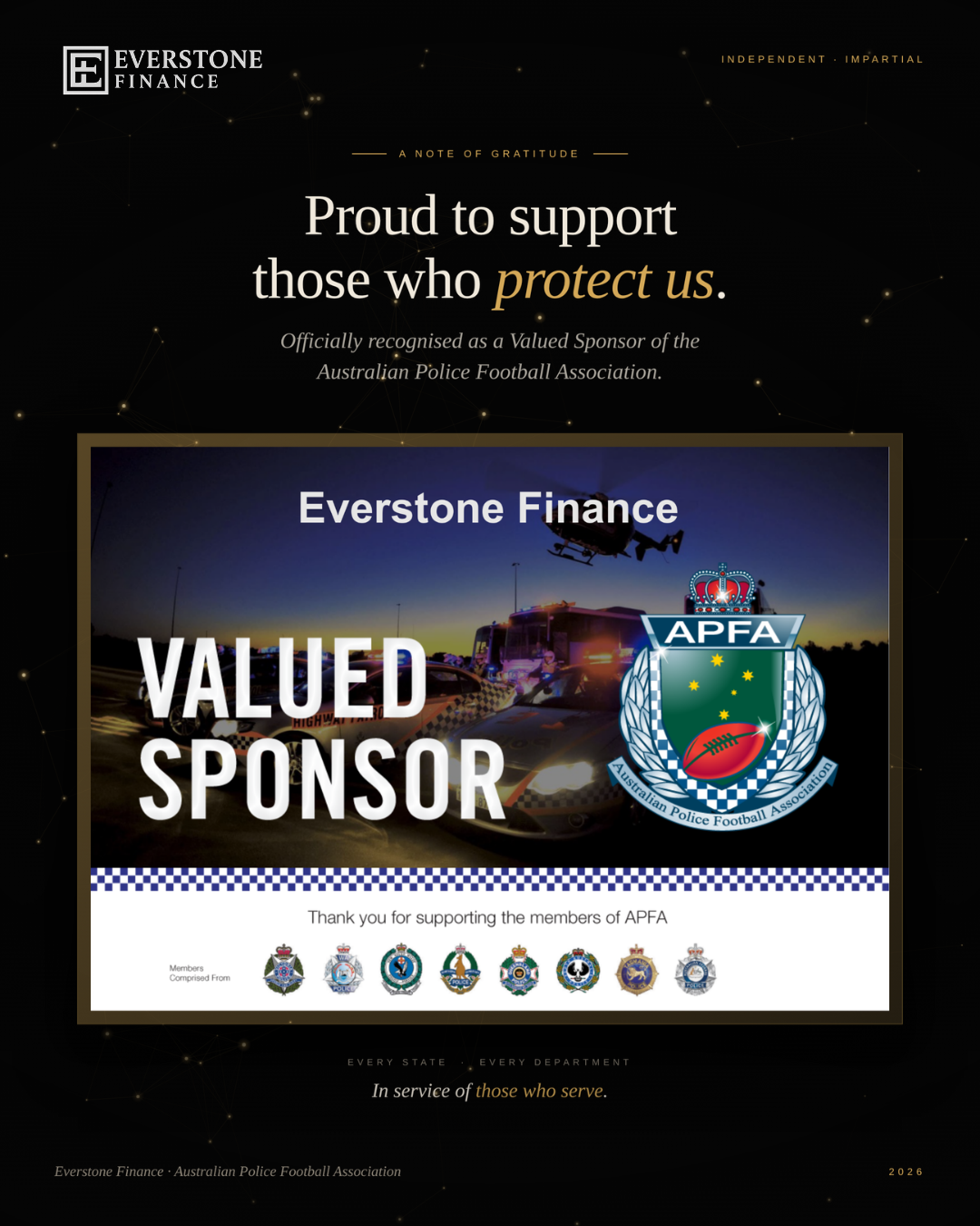 Everstone Finance recognised as Valued Sponsor of the Australian Police Football Association