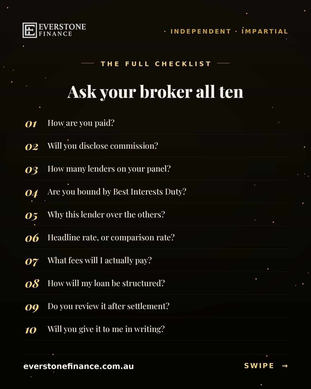 Checklist of the ten questions to ask a mortgage broker: how are you paid, will you disclose commission, how many lenders on your panel, are you bound by the Best Interests Duty, why this lender, headline or comparison rate, what fees, how will my loan be structured, do you review after settlement, and will you give it to me in writing.
