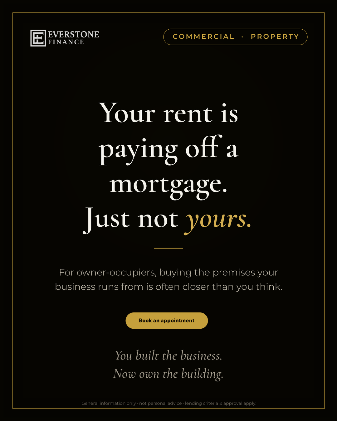 Commercial property loans in Australia 2026: how to buy your factory, warehouse or office. Owner-occupiers can borrow up to 80% LVR with a 20% deposit, rates from around 6% p.a. indicative, across 40+ lenders. Everstone Finance, independent mortgage and commercial finance brokers in South Yarra, Melbourne.