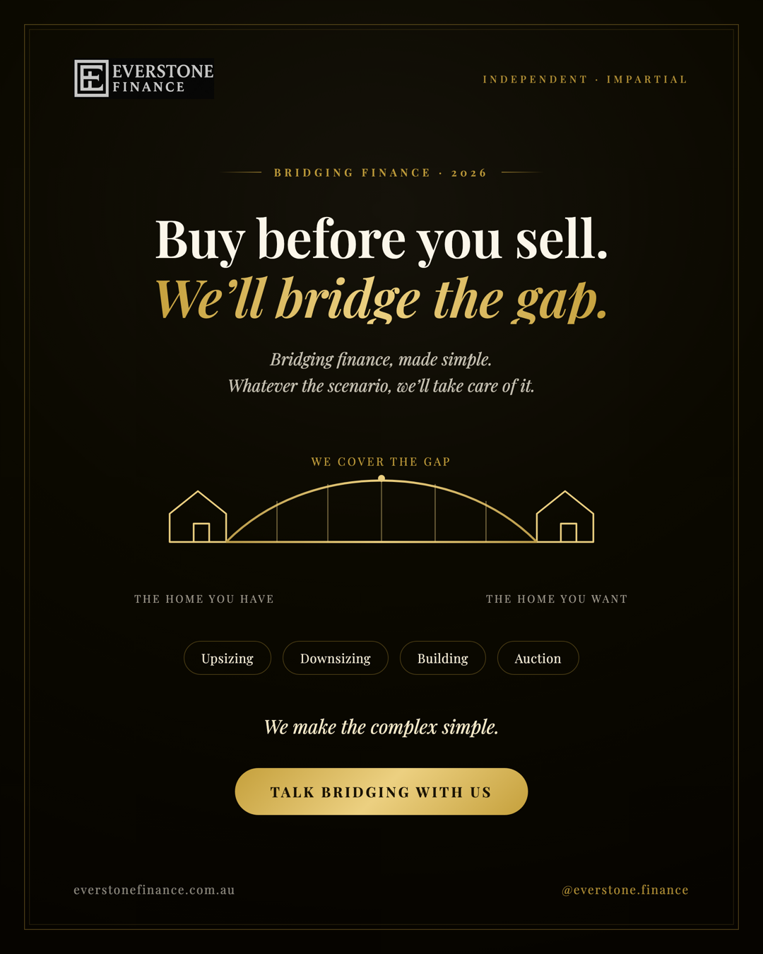 Bridging loans in Australia 2026: buy the home you want before you sell the one you have. Everstone Finance bridges the gap and makes the complex simple.