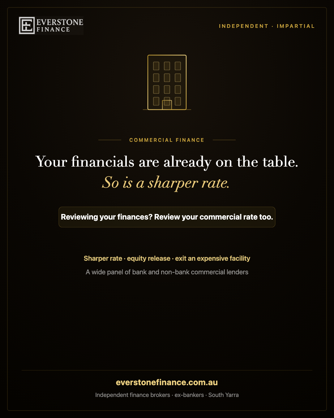 Reviewing your finances? Review your commercial property loan rate too. Everstone Finance, South Yarra.