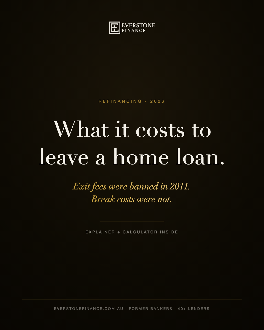 What it costs to leave a home loan in Australia. Exit fees were banned in 2011, break costs were not. Everstone Finance guide with calculator.