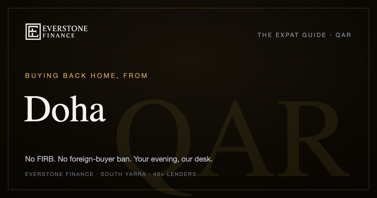 Buying back home from Doha: the Everstone Finance expat guide. No FIRB, no foreign-buyer ban for Australian citizens and permanent residents; former-banker brokers comparing 40+ lenders, working your evening from South Yarra.