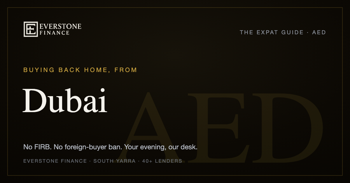 Buying back home from Dubai: the Everstone Finance expat guide. No FIRB, no foreign-buyer ban for Australian citizens and permanent residents; former-banker brokers comparing 40+ lenders, working your evening from South Yarra.