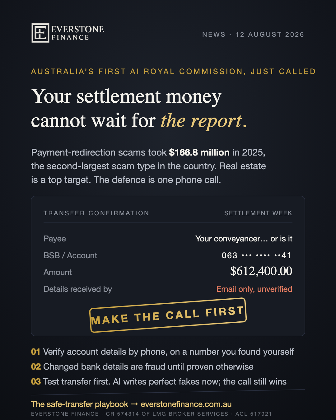 Australia's first royal commission into AI was just called, and your settlement money cannot wait for the report. Payment-redirection scams took $166.8 million in 2025, the second-largest scam type, with real estate a top target. The safe-transfer playbook: verify by phone on a number you found yourself, treat changed bank details as fraud until proven otherwise, test transfer first. General information only, as at 12 August 2026.