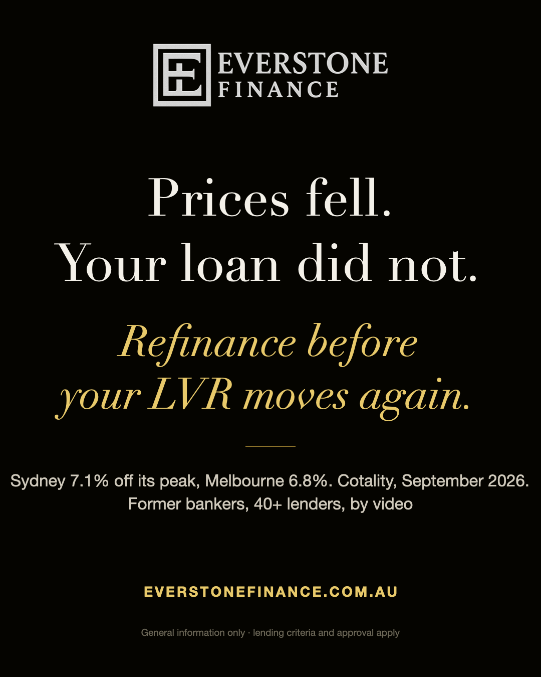 Prices fell, your loan did not: refinance before your LVR moves again. Everstone Finance, Cotality September 2026