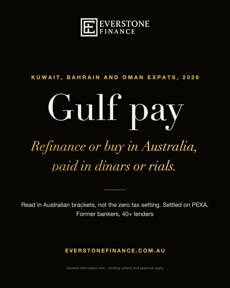 Expat home loans from Kuwait, Bahrain and Oman, 2026. Refinance or buy in Australia on a dinar or rial salary, read in Australian tax brackets, settled on PEXA. Everstone Finance, former bankers.