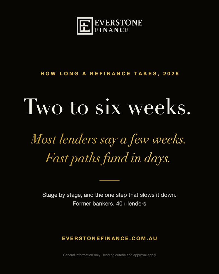 How long a refinance takes, 2026. Two to six weeks. Most lenders say a few weeks. Fast paths fund in days. Stage by stage, and the one step that slows it down. Everstone Finance, former bankers.