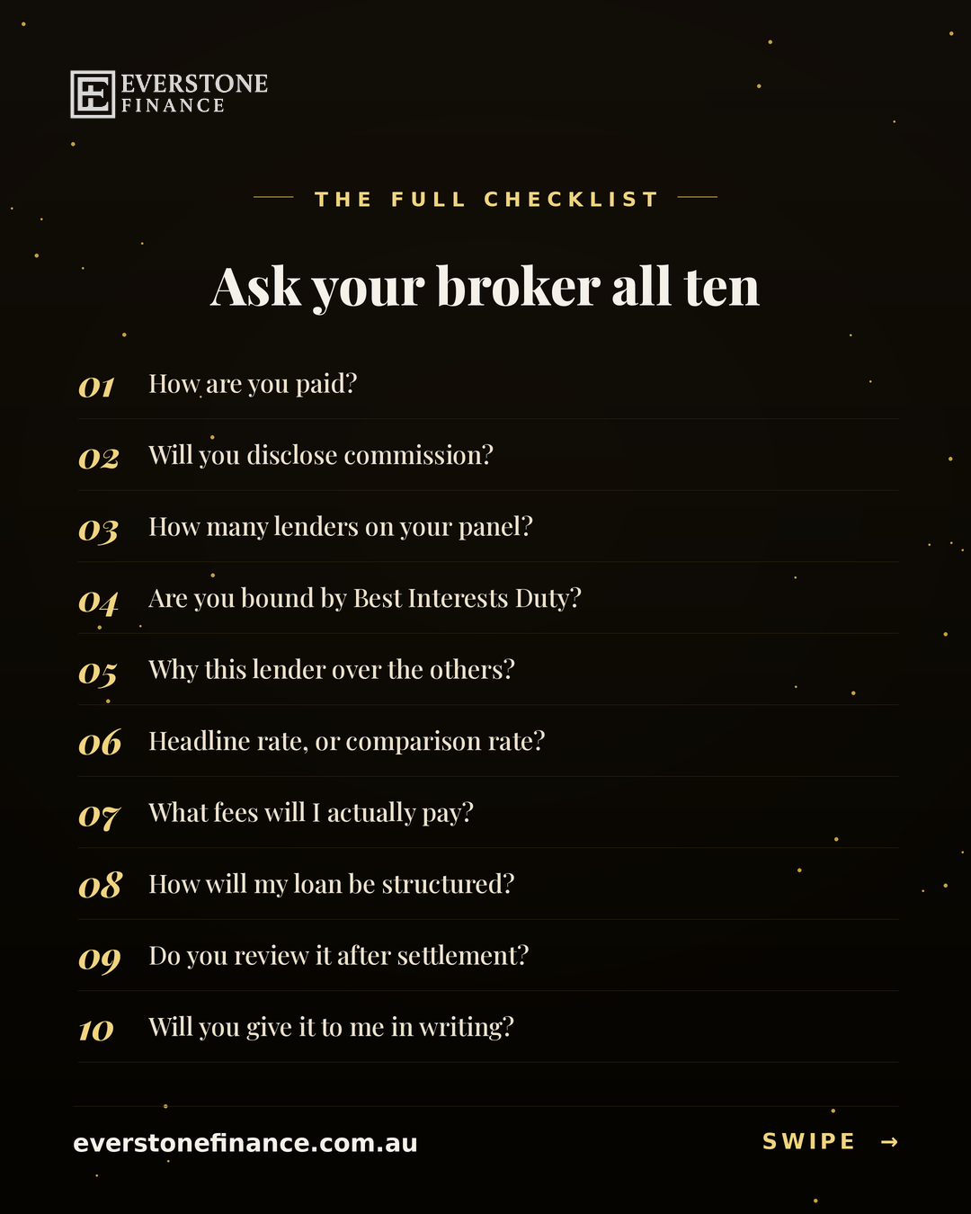 Checklist of the ten questions to ask a mortgage broker: how are you paid, will you disclose commission, how many lenders on your panel, are you bound by the Best Interests Duty, why this lender, headline or comparison rate, what fees, how will my loan be structured, do you review after settlement, and will you give it to me in writing.